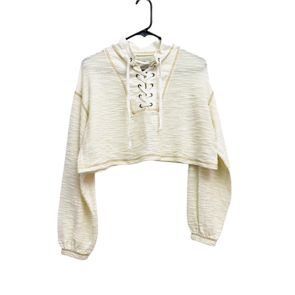 Urban Outfitters Women’s Textured Linen Blend cream gold crop Sweater Size SMALL - Picture 2 of 12